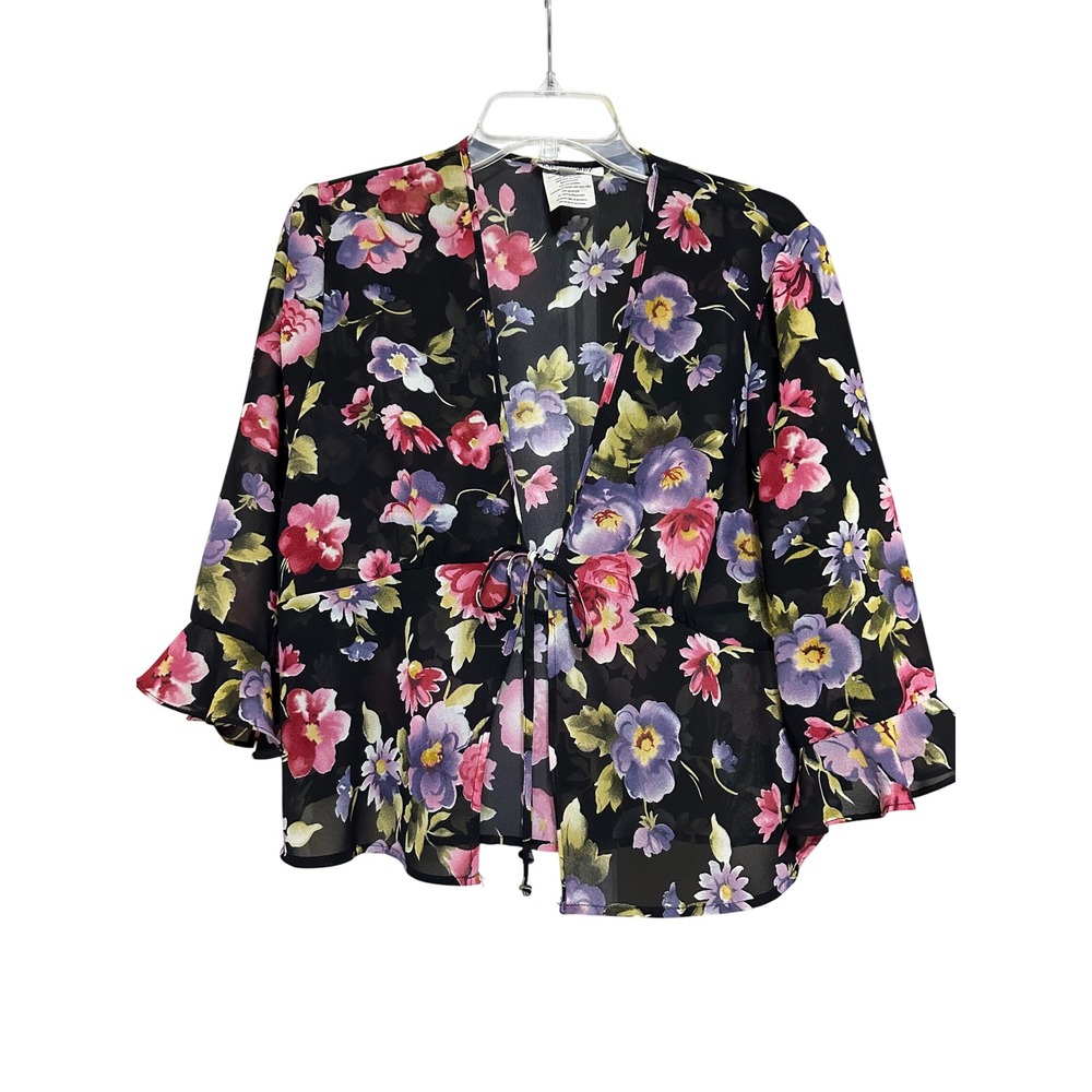 Miss Dorby Petite Black Floral Sheer Babydoll Cardigan Top 14P Y2K Fairy